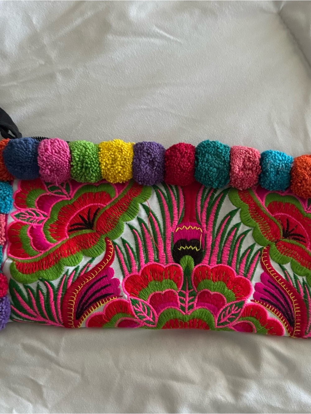 Colorful Embroidered Pom-Pom Clutch — Pink Floral Design
